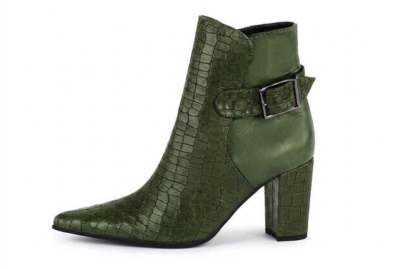 Handcrafted women's comfortable and elegant ankle boots, with buckles at the back in forest green premium leather. High block heels. Pointed toe. Perfect for elevated everyday style. 
                Choose from our luxurious collections of leather and fabric to perfectly match your ankle boots to your outfits. - Florence KOOIJMAN